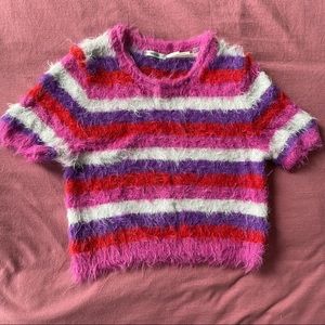 Kimchi Blue Fuzzy Knit Striped Cropped Shirt